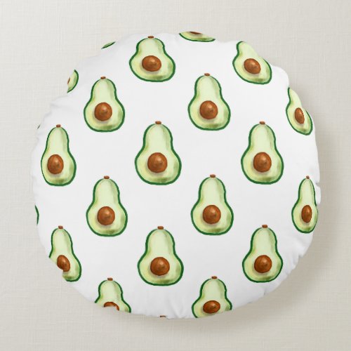 Watercolor Avocado Pattern Round Pillow