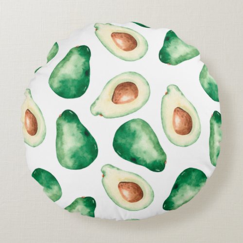 Watercolor Avocado Pattern Round Pillow