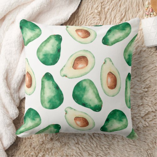 Watercolor Avocado Pattern Throw Pillow