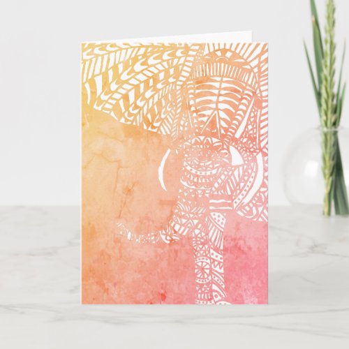 Watercolor Aztec Elephant Outline Pink Orange Card