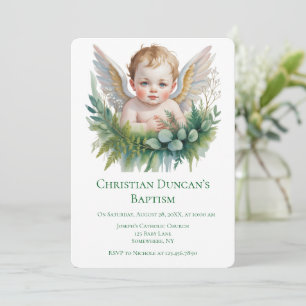 Watercolor Baby Angel Feather Wings Baptism Invitation