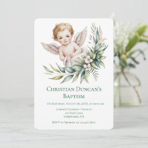 Watercolor Baby Angel Feather Wings Baptism  Invitation