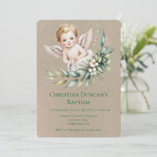 Watercolor Baby Angel Feather Wings Baptism Invitation