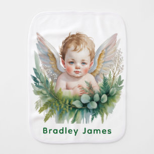Watercolor Baby Angel with Greenery Baptism Gift Burp Cloth