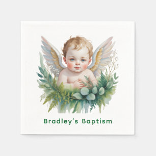 Watercolor Baby Angel with Greenery Baptism  Napkins
