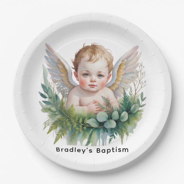 Watercolor Baby Angel with Greenery Baptism  Paper Plates (Front)