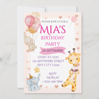Watercolor Baby Animals Birthday Party Invitation