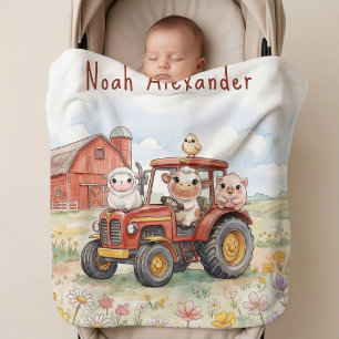 Watercolor Baby Animals Driving Red Tractor Farm Blanket