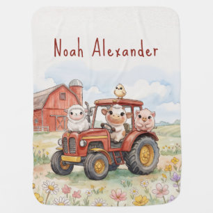 Watercolor Baby Animals Driving Red Tractor Farm Blanket