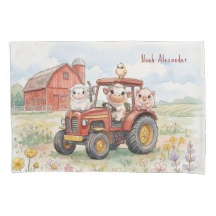 Watercolor Baby Animals Driving Red Tractor Farm Pillow Case