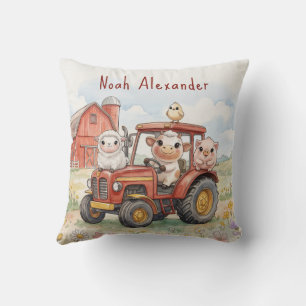 Watercolor Baby Animals Driving Red Tractor Farm Throw Pillow
