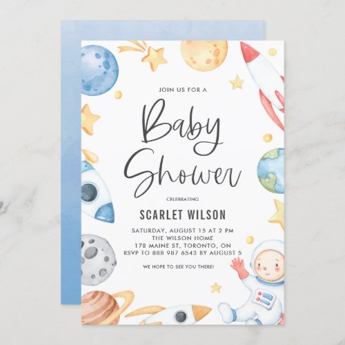 Watercolor Baby Astronaut Space Theme Baby Shower Invitation