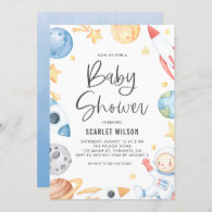 Watercolor Baby Astronaut Space Theme Baby Shower Invitation