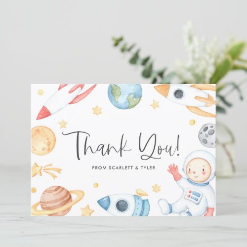 Watercolor Baby Astronaut Space Theme Baby Shower Thank You Card