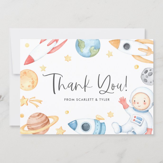 Watercolor Baby Astronaut Space Theme Baby Shower Thank You Card