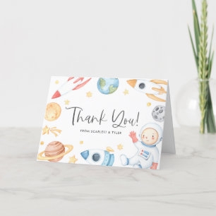 Watercolor Baby Astronaut Space Theme Birthday Letterpress Thank You Card
