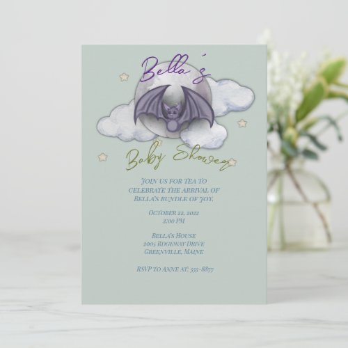 Watercolor Baby Bat Baby Shower Invitation