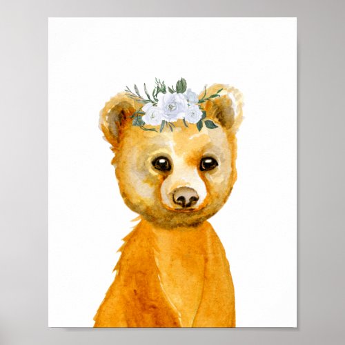 Watercolor Baby Bear Cub Nursery Floral Woodland Poster