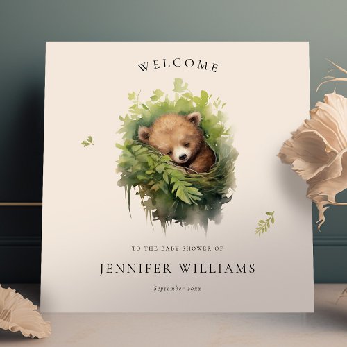 Watercolor Baby Bear Greenery Welcome Sign Squared
