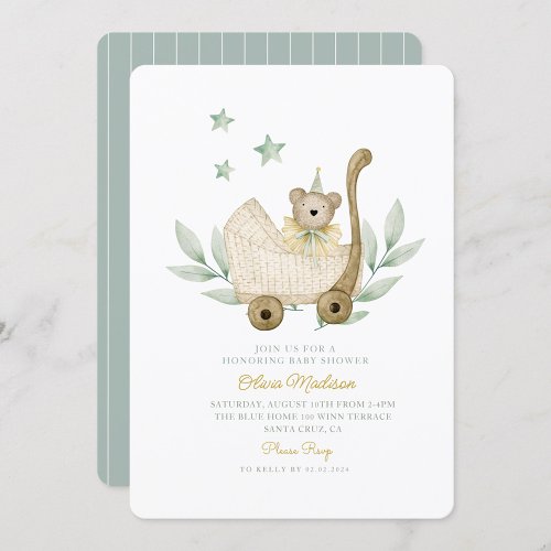 Watercolor Baby Bear Plant Flower Baby Shower Invitation
