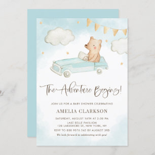 Watercolor Baby Bear Vintage Car Blue Baby Shower Invitation