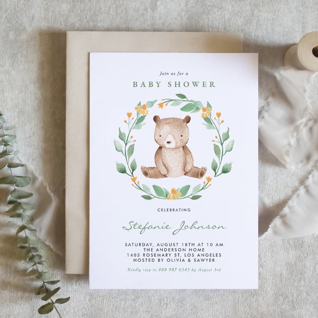 Watercolor Baby Bear Wreath Greenery Baby Shower Invitation (Creator Uploaded)
