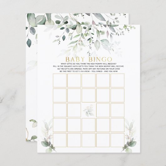 Watercolor Baby Bingo Eucalyptus Baby Shower Bingo (Front/Back)