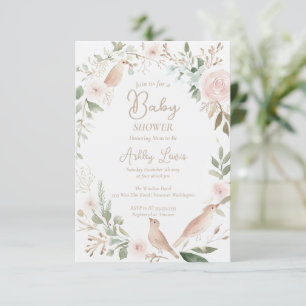 Watercolor baby bird floral leaves baby shower invitation