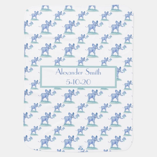 Watercolor Baby Blue Elephants With Flowers Baby Blanket (Back)