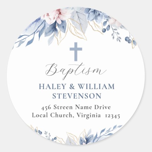 Watercolor Baby Blue Floral Baptism Return Address Classic Round Sticker