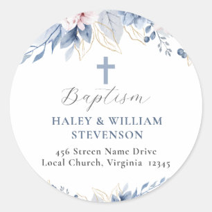 Watercolor Baby Blue Floral Baptism Return Address Classic Round Sticker
