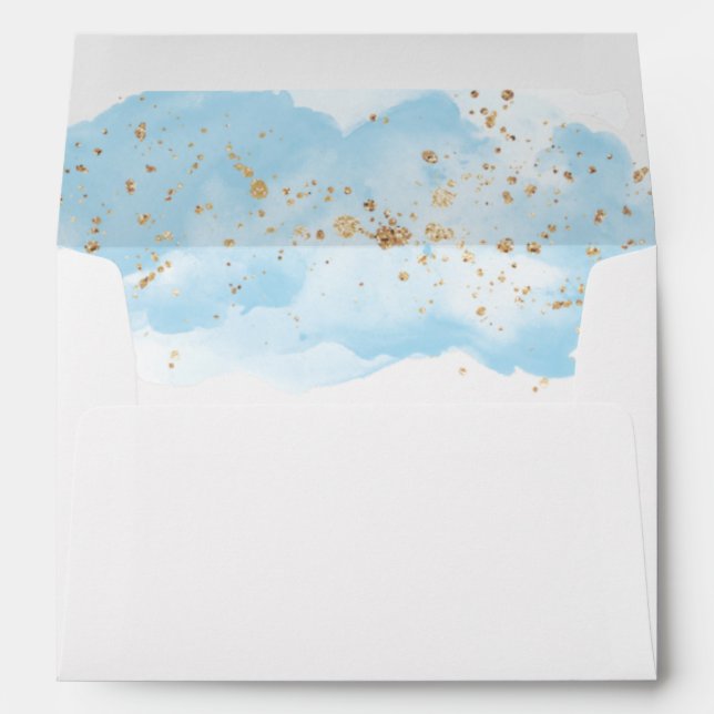 Watercolor baby blue gold white envelopes 5x7 card (Back (Bottom))