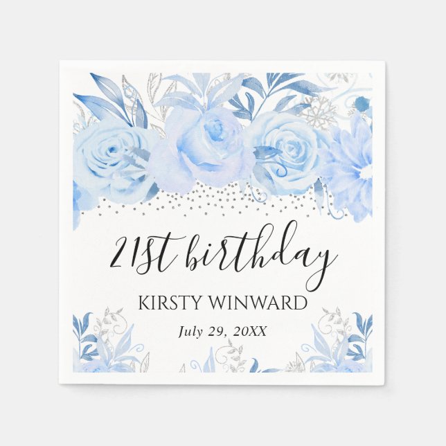 Watercolor Baby Blue Winter Flowers Birthday Napkins (Front)