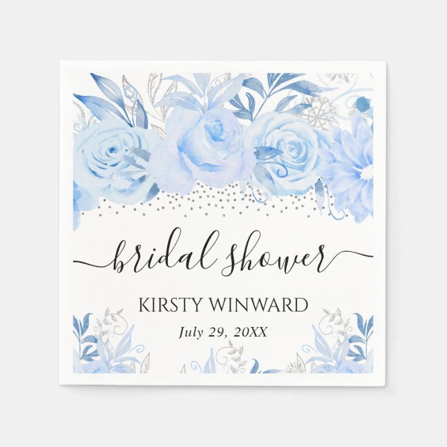 Watercolor Baby Blue Winter Flowers Bridal Shower Napkins (Front)
