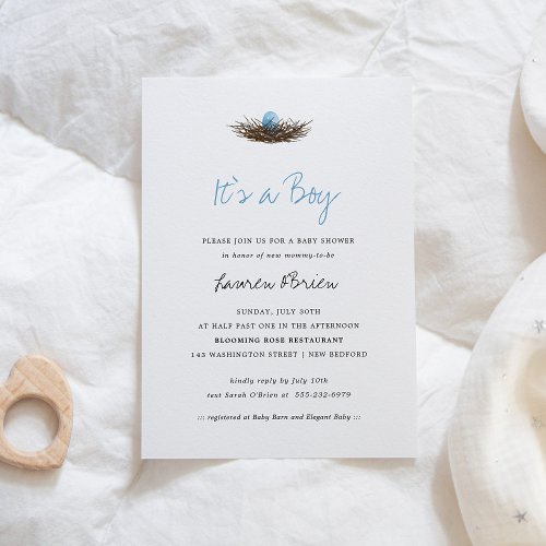 Watercolor Baby Boy Birds Nest Baby Shower Invitation