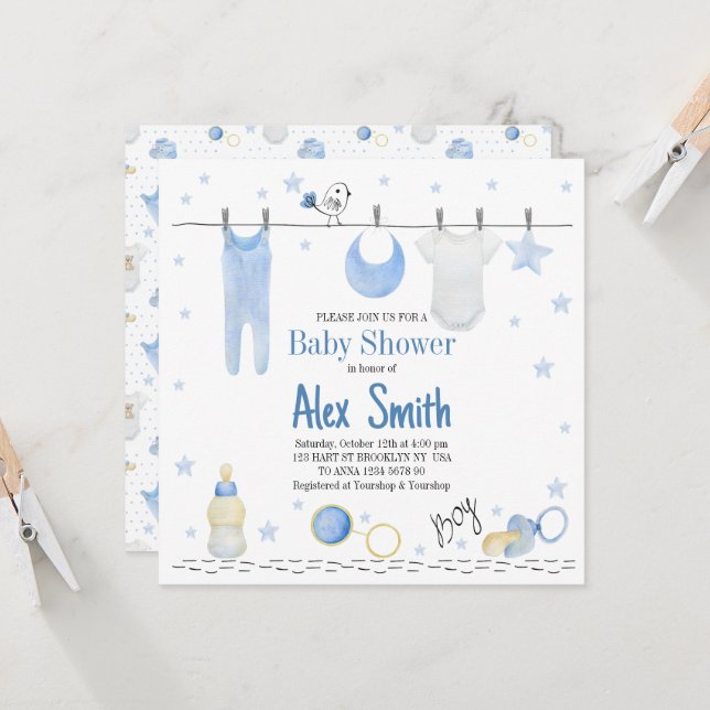 Watercolor baby boy invitation (Front/Back In Situ)