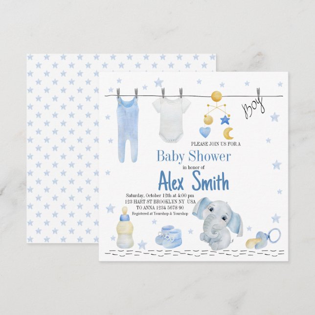 Watercolor baby boy invitation (Front/Back)