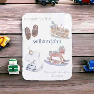 Watercolor Baby Boy Nursery Birth Stats Keepsake Blanket