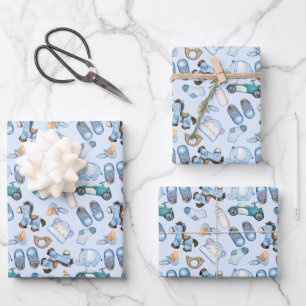 Watercolor Baby Boy Pattern with Toys Clothes Blue Wrapping Paper Sheets