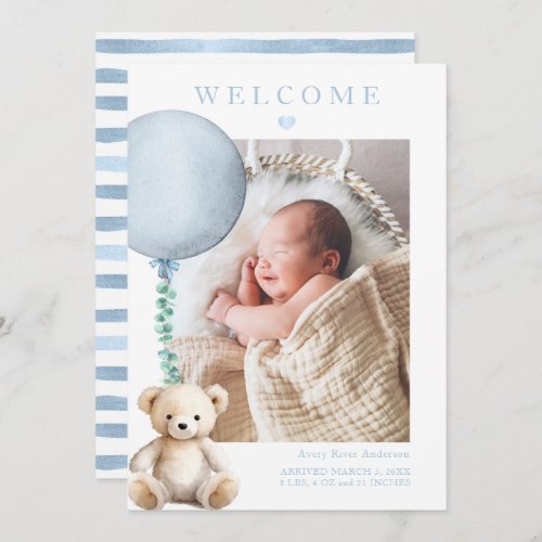 Watercolor Baby Boy Photo Birth Announcement 