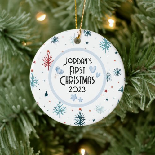 Watercolor Baby Boys First Christmas Ceramic Ornament