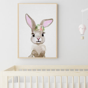 Watercolor Baby Bunny Cub Nursery Floral Woodland Poster