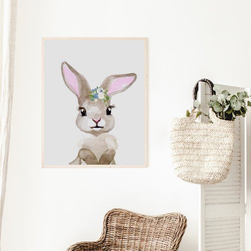 Watercolor Baby Bunny Cub Nursery Floral Woodland Poster