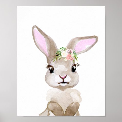 Watercolor Baby Bunny Cub Nursery Floral Woodland Poster