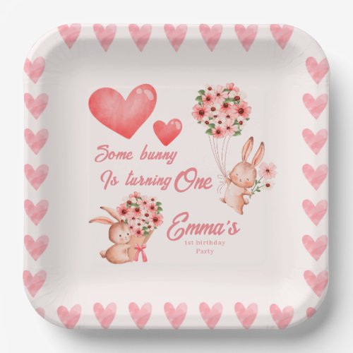 Watercolor baby Bunny first birthday party  Paper Plates