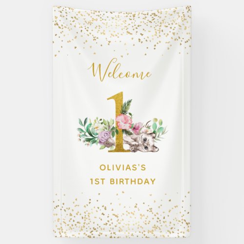 Watercolor Baby Cat and Flowers 1st Birthday Banner