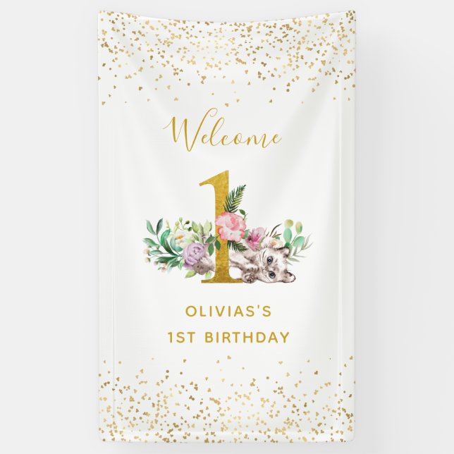 Watercolor Baby Cat and Flowers 1st Birthday Banner (Vertical)