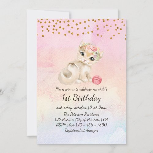 Watercolor Baby Cat and Flowers 1st Birthday Invitation