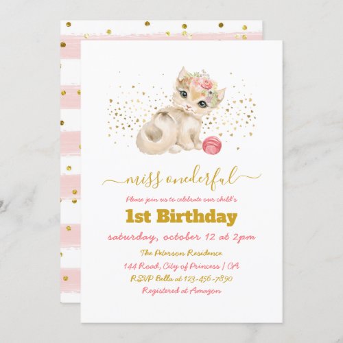 Watercolor Baby Cat and Flowers 1st Birthday Party Invitation