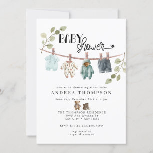 Watercolor Baby Clothes Boho Boy Baby Shower Invitation